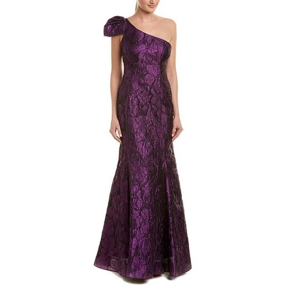 Aidan Mattox Faith Dress One Shoulder Trumpet Floral Metallic Gown